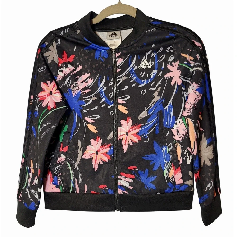Adidas Girls Track Bomber Jacket Black Floral Full Zip Logo Large‎ 14 Athleisure